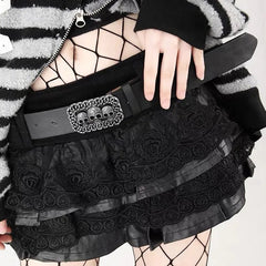 'Rosa' Roses Skull Belt Pu Leather Skirt