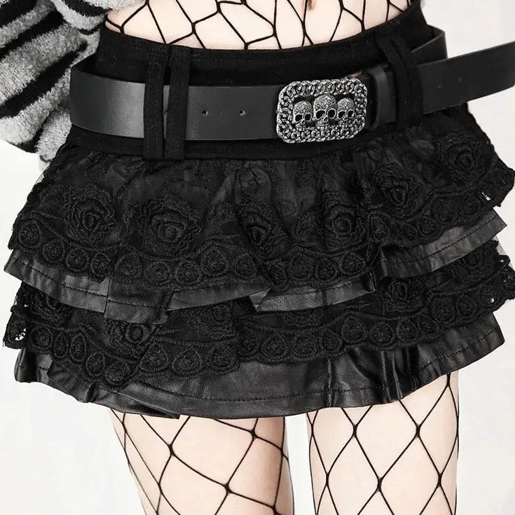 'Rosa' Roses Skull Belt Pu Leather Skirt