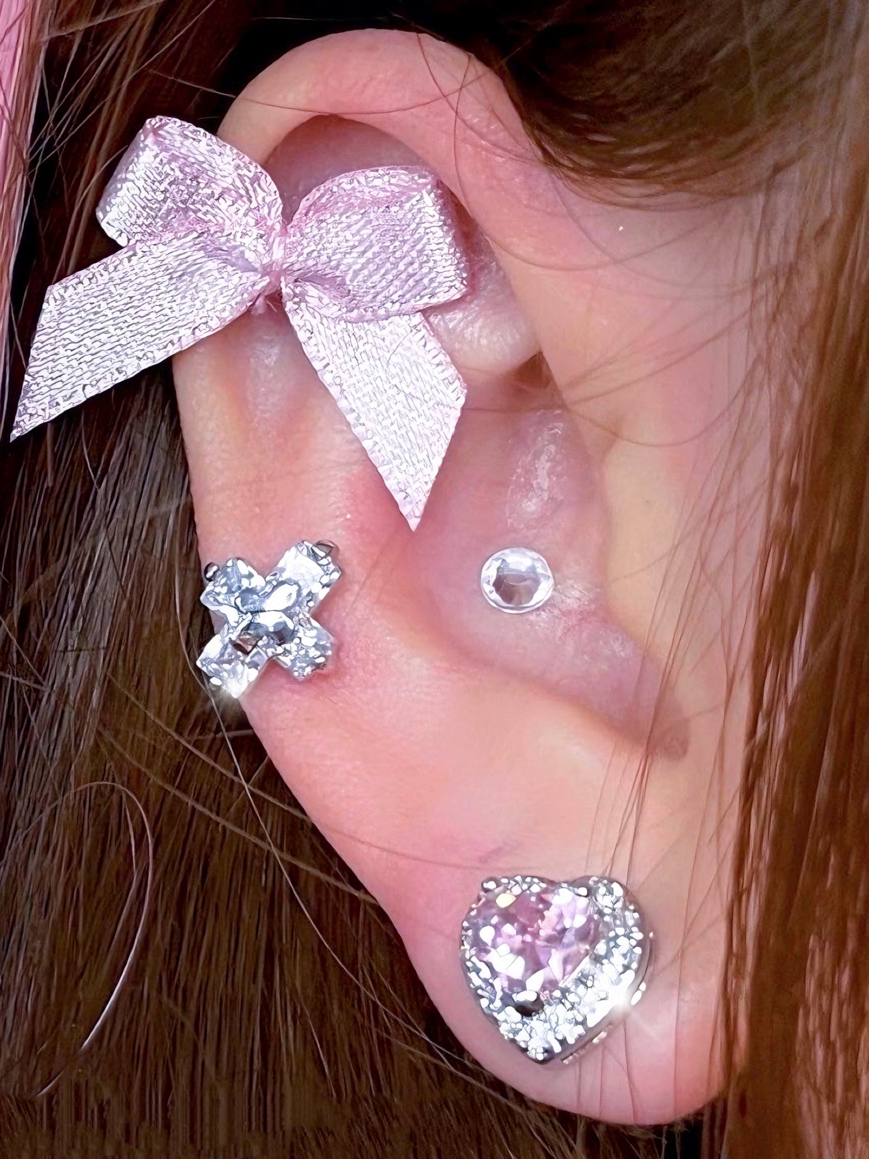 'Rose Planet' Ribbon Rhinestone Coquette Ear Studs Set