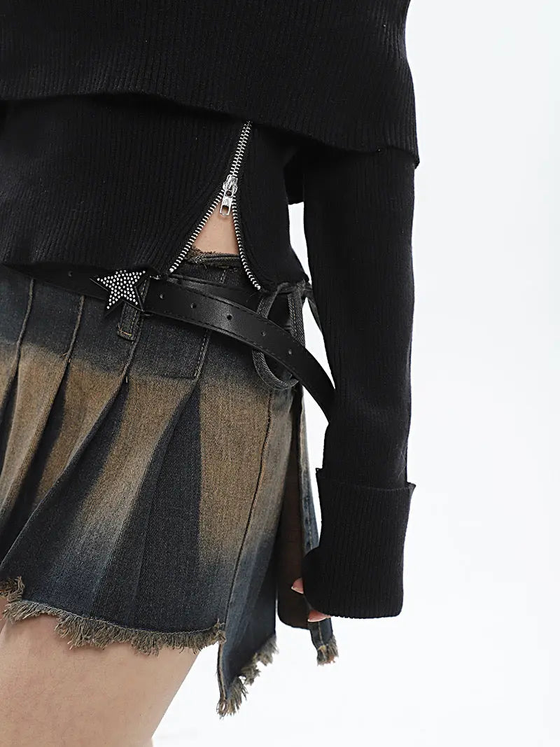 'Rust' Grunge Pleated Distressed Star Belt Skirt