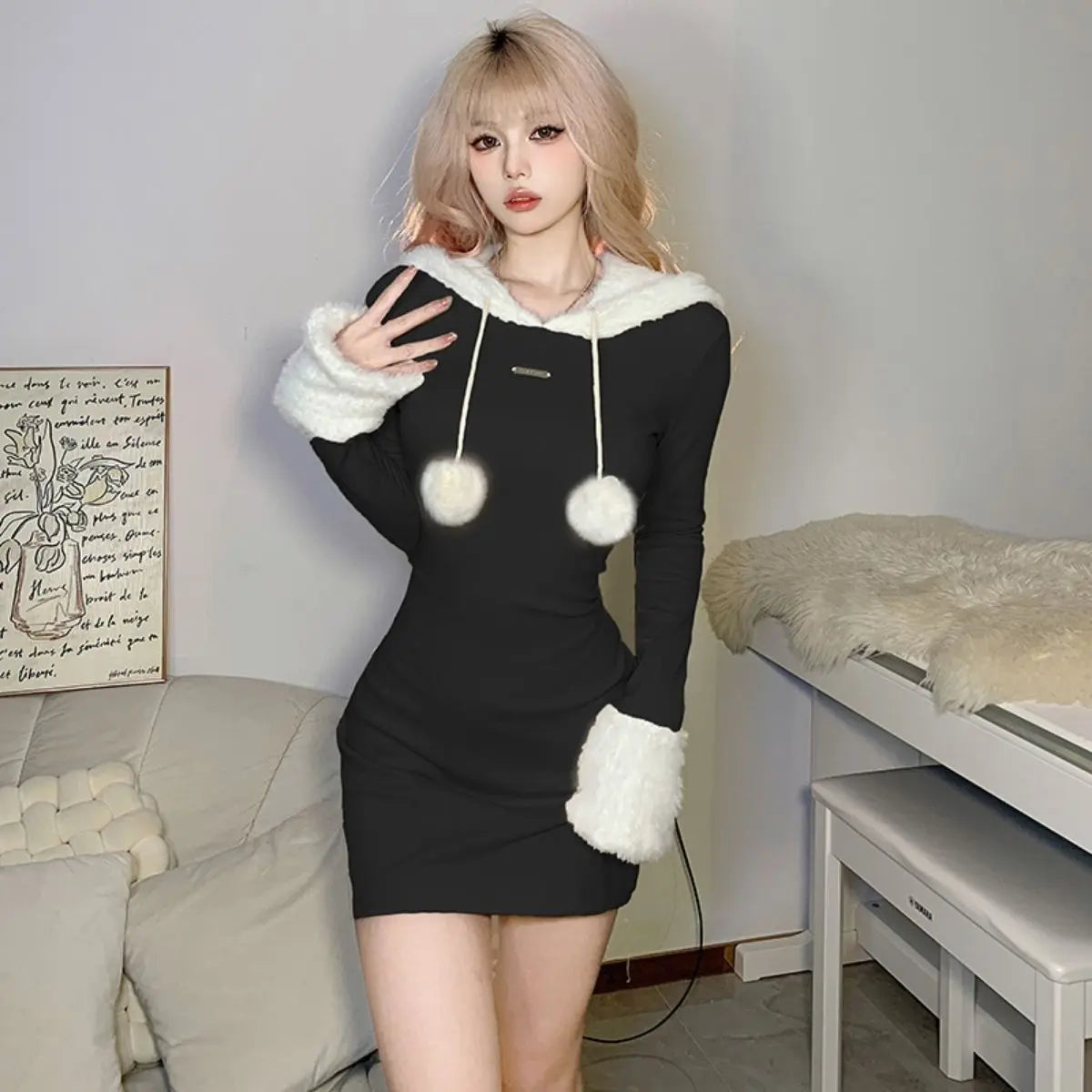 'Sable' Plush Paneled Hooded Dress