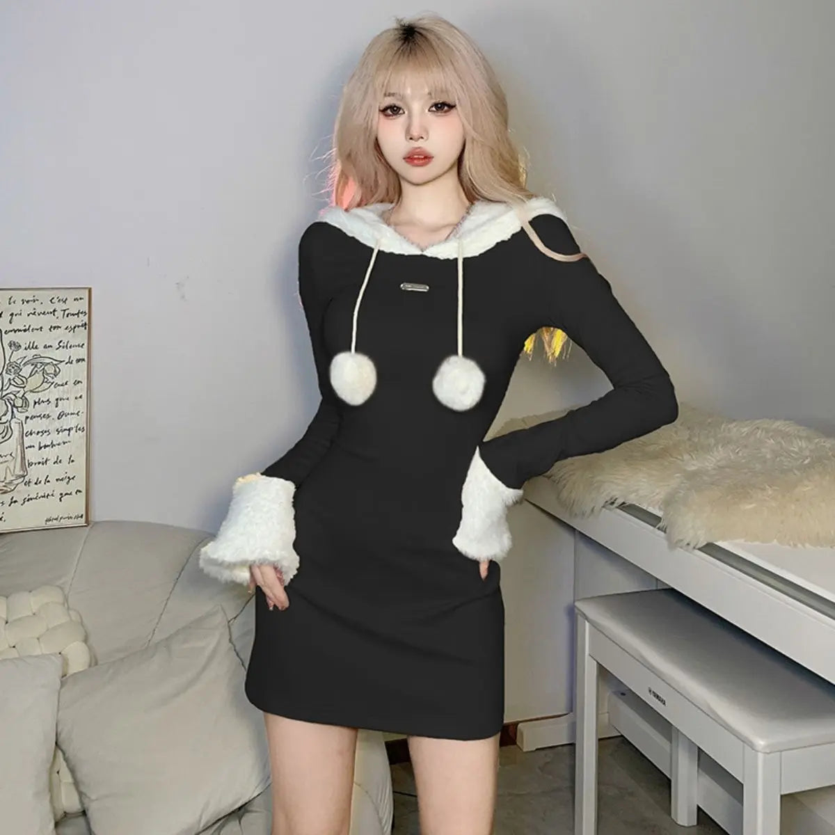 'Sable' Plush Paneled Hooded Dress