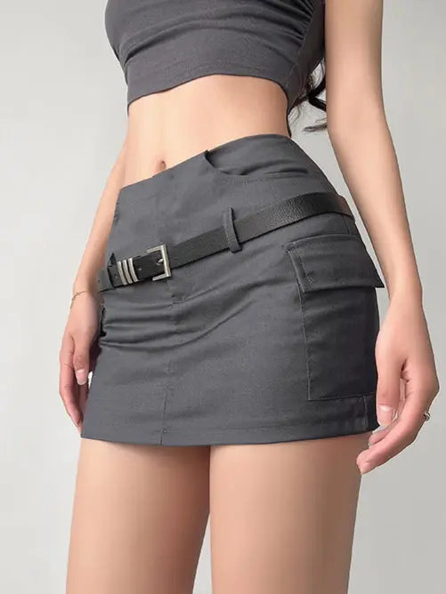 'Safe Ride' Techwear Grey Buckle Mini Skirt