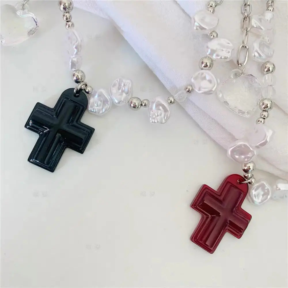 'Savior' Cross and Heart Pearl Beads Necklace