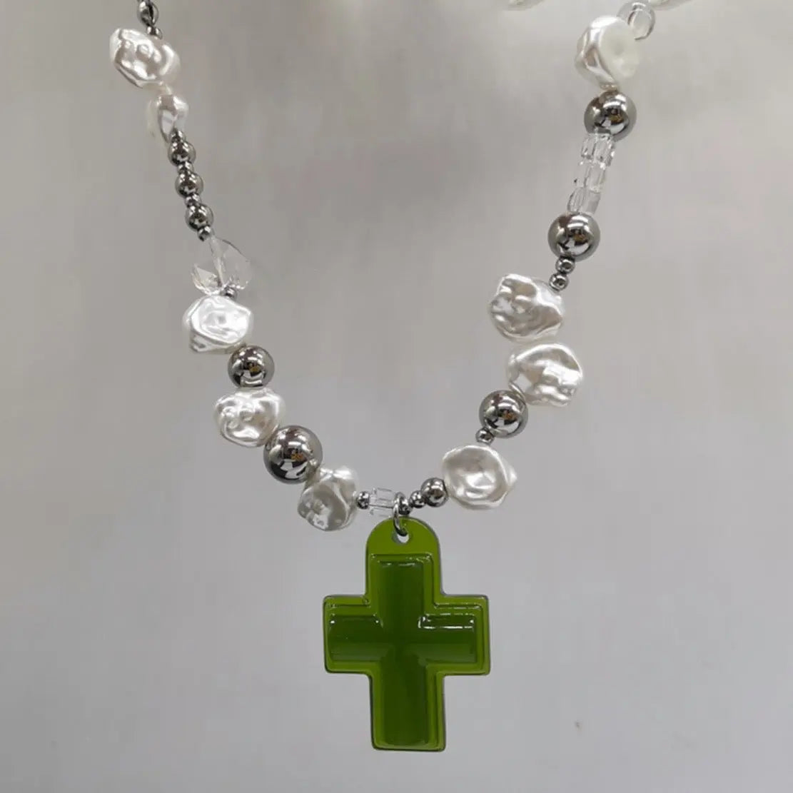 'Savior' Cross and Heart Pearl Beads Necklace