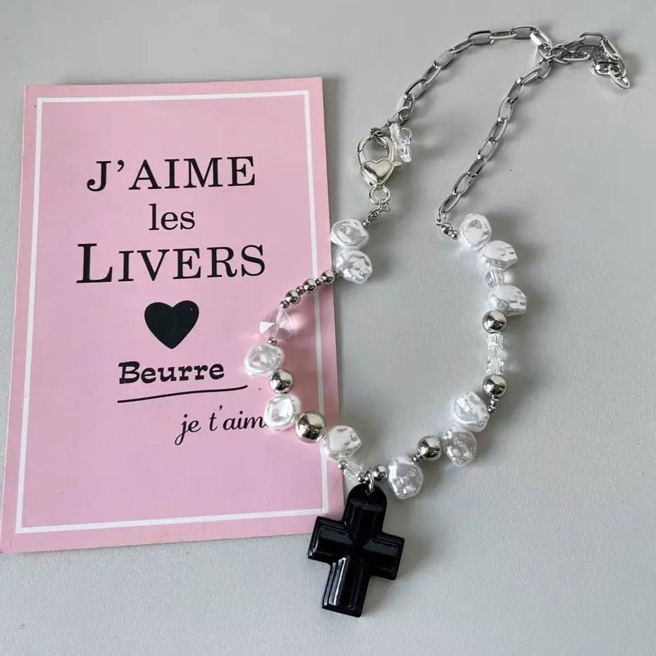 'Savior' Cross and Heart Pearl Beads Necklace