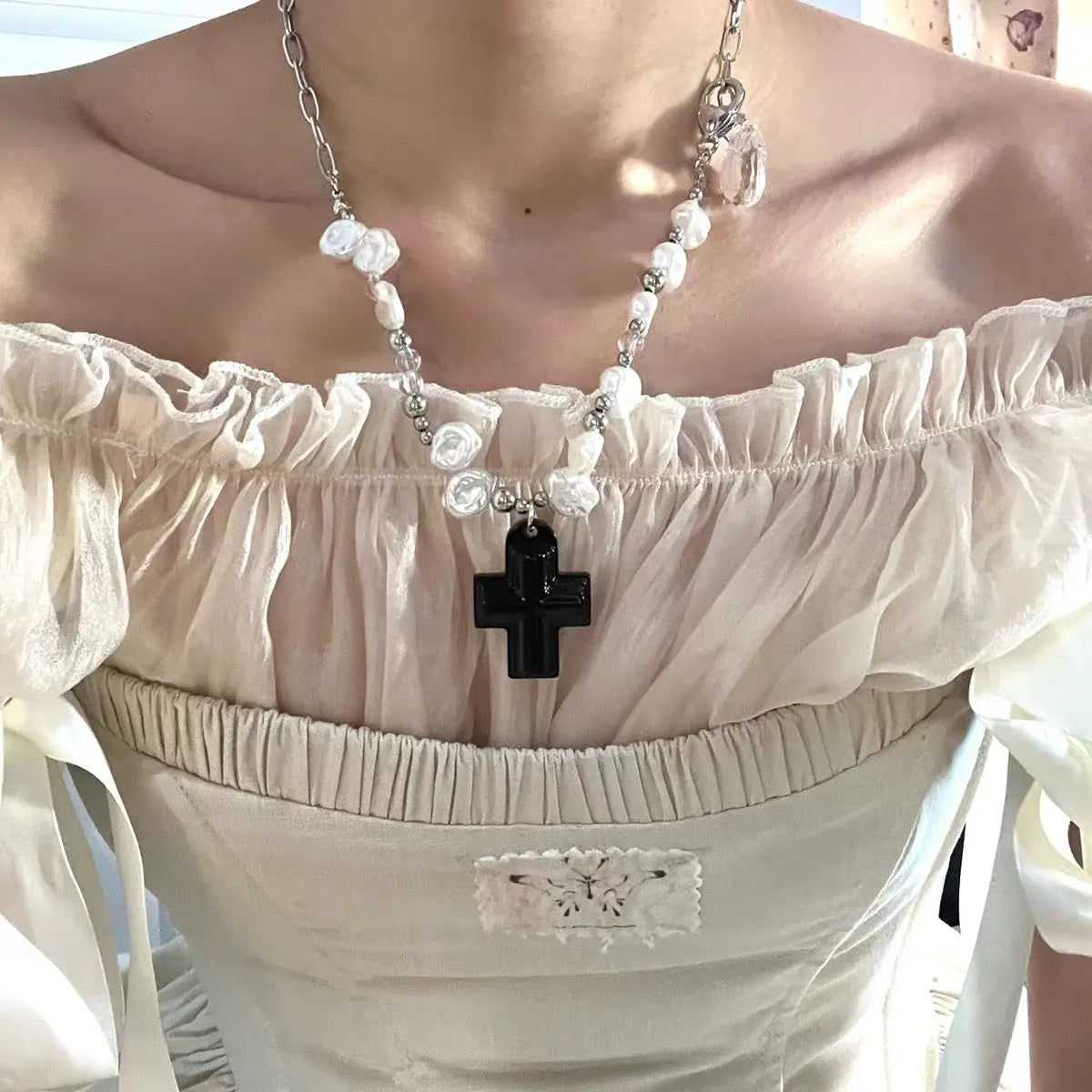 'Savior' Cross and Heart Pearl Beads Necklace