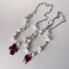 'Savior' Cross and Heart Pearl Beads Necklace