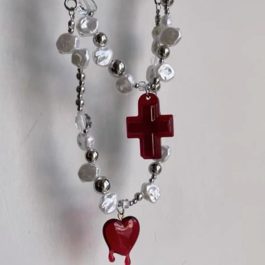 'Savior' Cross and Heart Pearl Beads Necklace