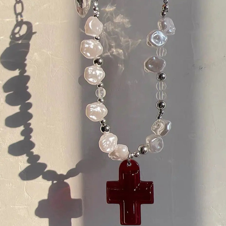 'Savior' Cross and Heart Pearl Beads Necklace