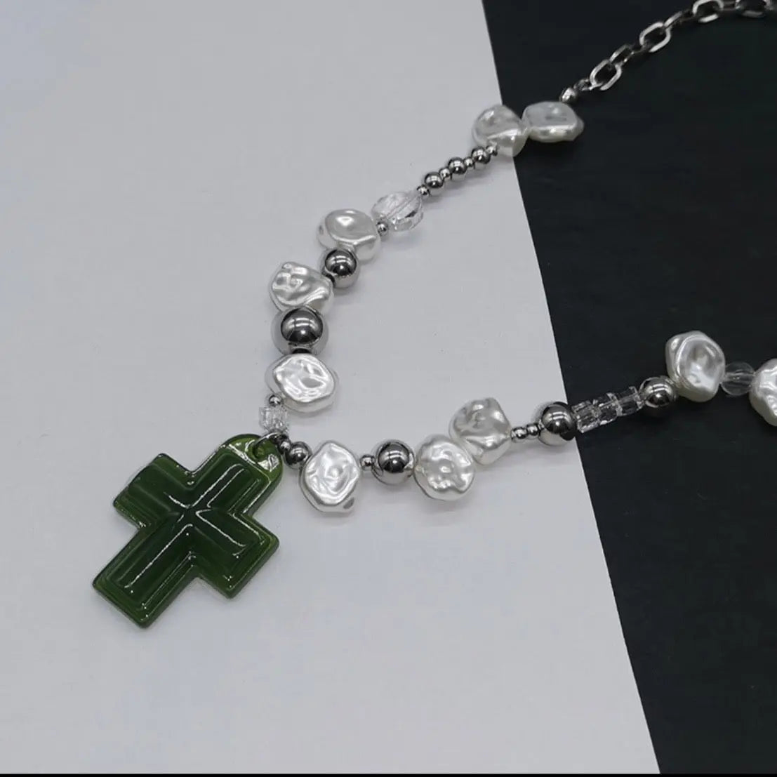 'Savior' Cross and Heart Pearl Beads Necklace