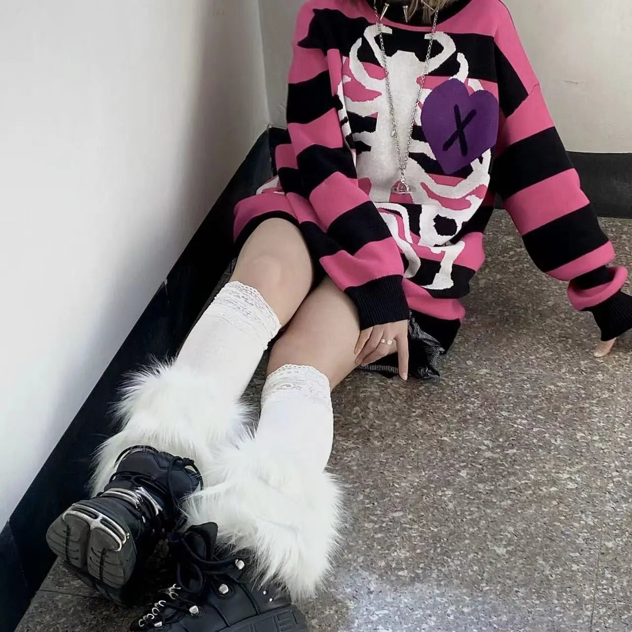 'Secrets' Pink Skeleton Oversized Heart Shape Sweater