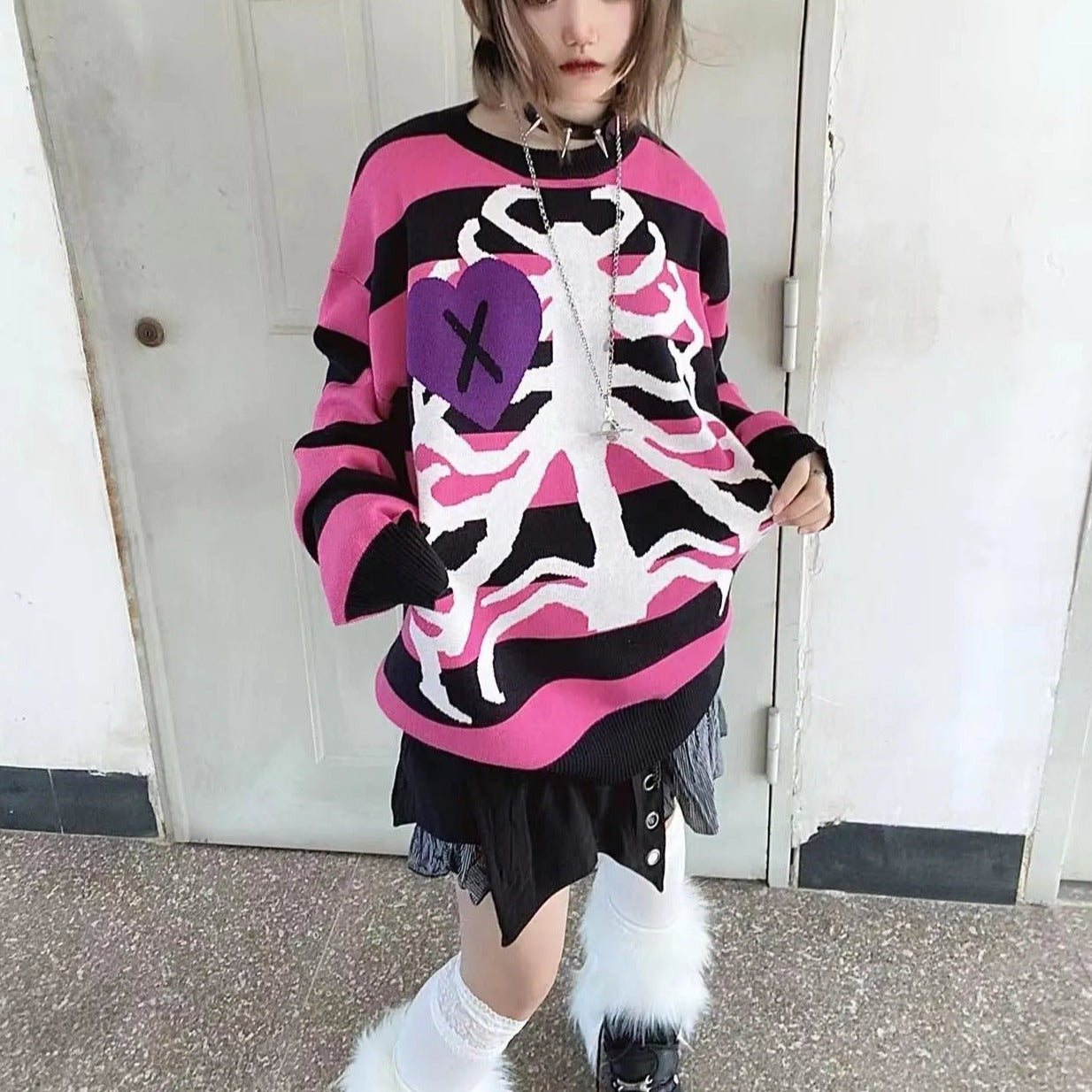 'Secrets' Pink Skeleton Oversized Heart Shape Sweater