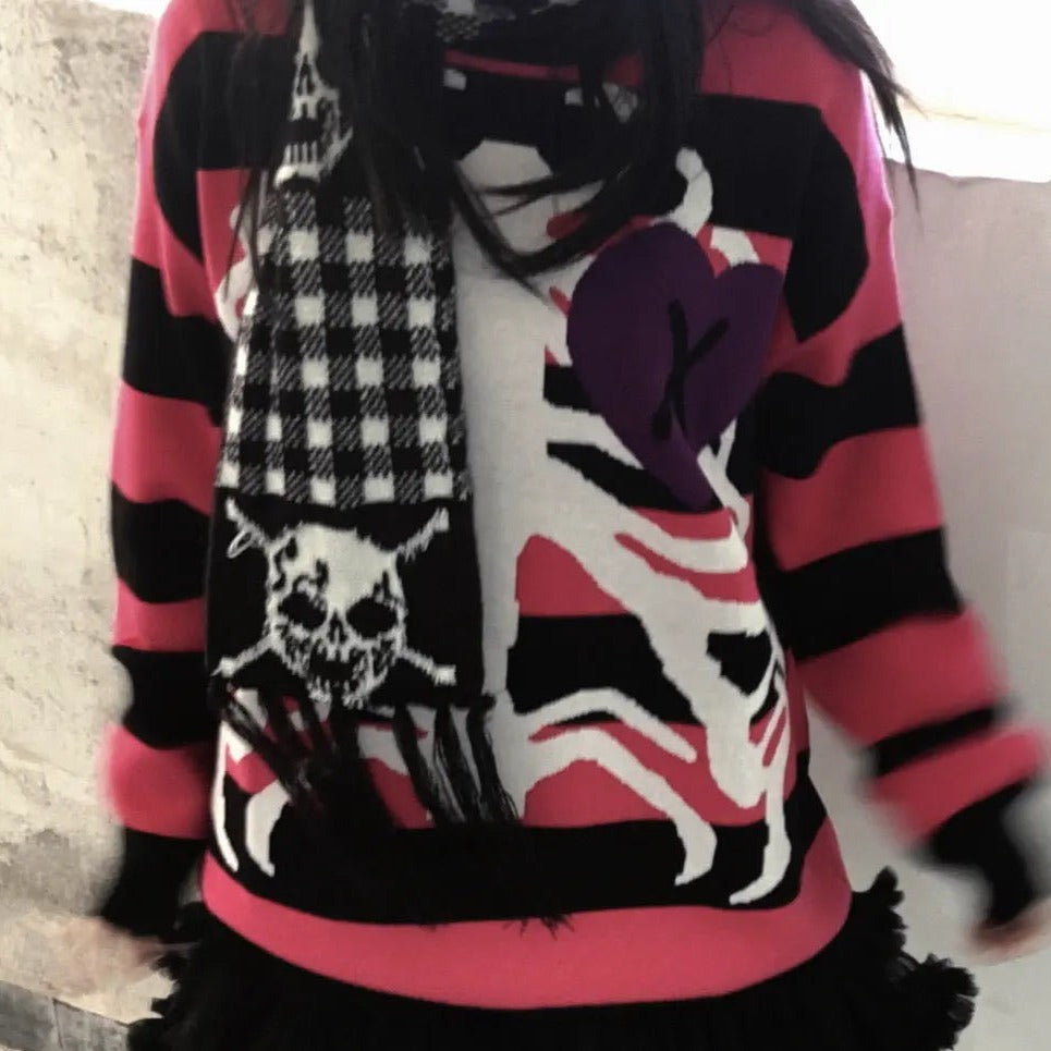 'Secrets' Pink Skeleton Oversized Heart Shape Sweater