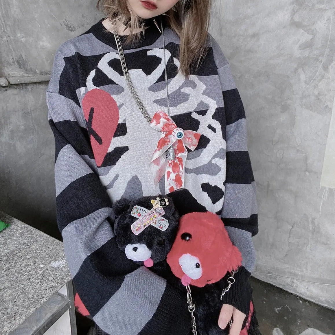 'Secrets' Pink Skeleton Oversized Heart Shape Sweater