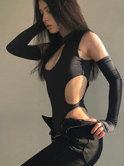 'Sheesh' Technical Cutout Black Bodysuit Top