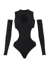 'Sheesh' Technical Cutout Black Bodysuit Top