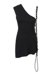 'Skinny Girl' Punk Dark One Shoulder Rivet Dress