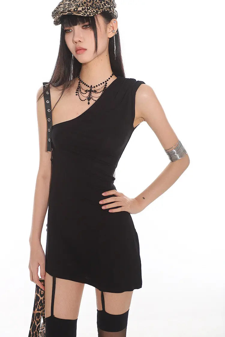 'Skinny Girl' Punk Dark One Shoulder Rivet Dress