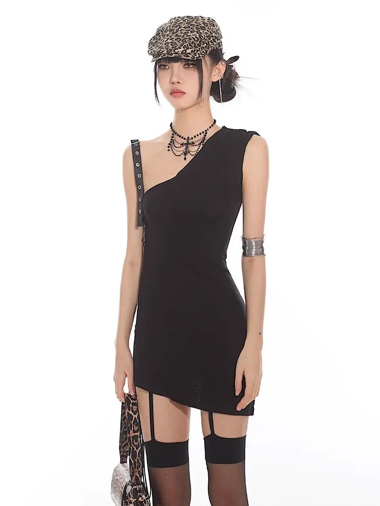 'Skinny Girl' Punk Dark One Shoulder Rivet Dress