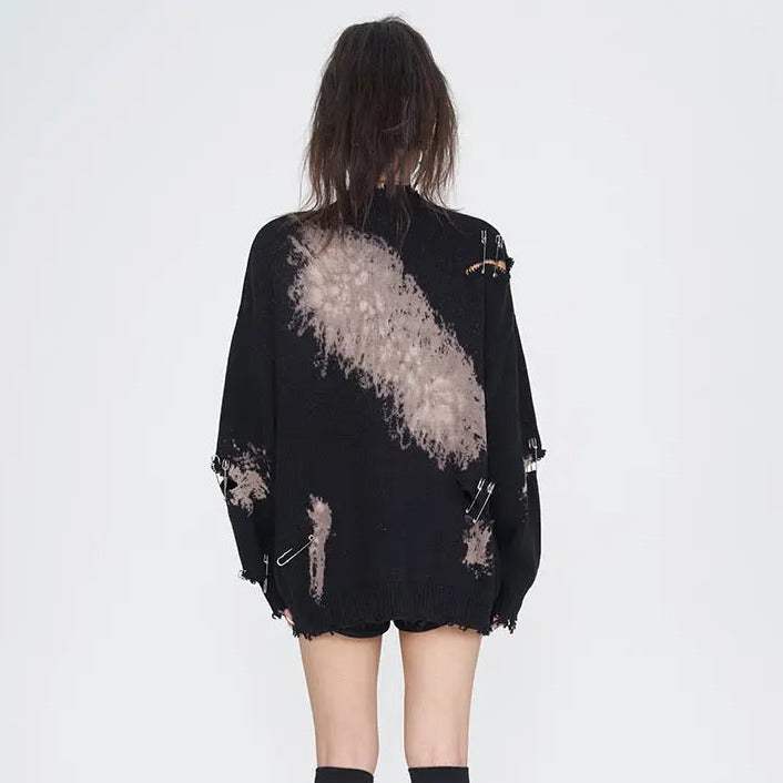 'Smoky Eyes' Splashed Grunge Pins Ripped Sweater