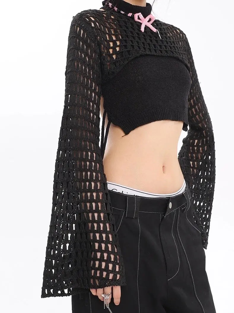 'Snooze' Fishnet Cutout Ripped Knitted Blouse