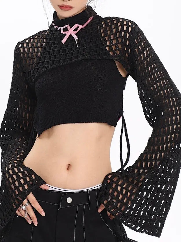 'Snooze' Fishnet Cutout Ripped Knitted Blouse