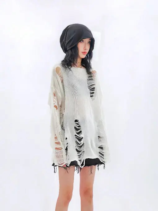 'Snow City' White Wasteland Punk Ripped Oversized Sweater