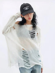 'Snow City' White Wasteland Punk Ripped Oversized Sweater