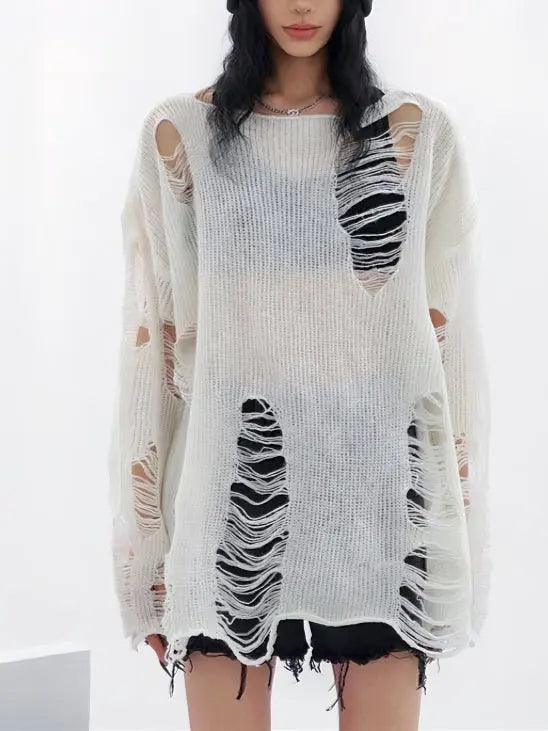 'Snow City' White Wasteland Punk Ripped Oversized Sweater