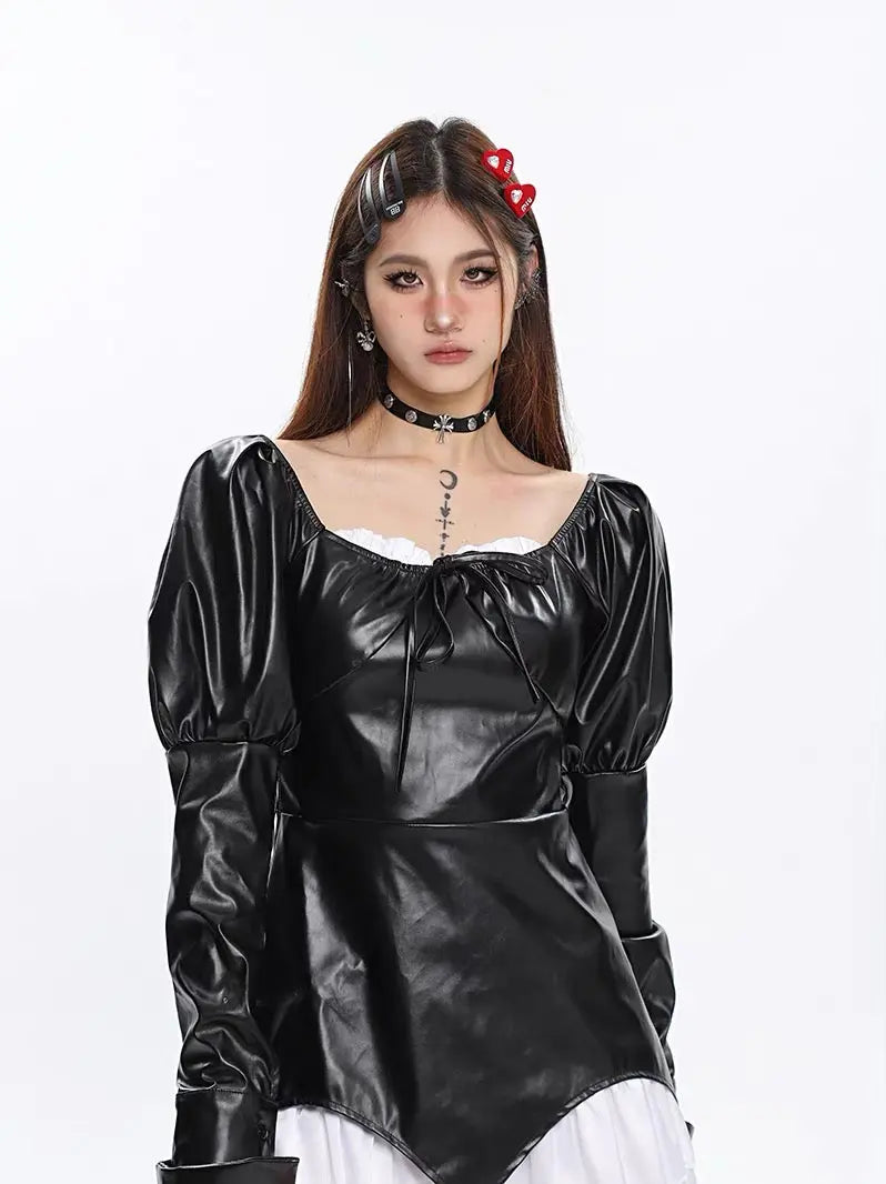 'Spell' Goth Patchwork Pu Leather Puff Sleeves Dress