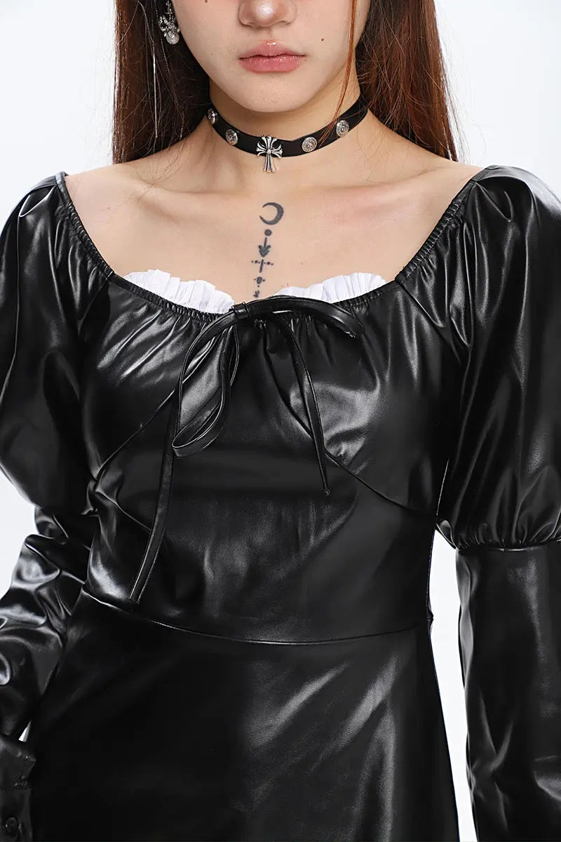 'Spell' Goth Patchwork Pu Leather Puff Sleeves Dress