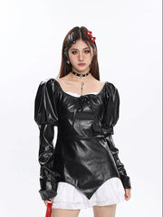 'Spell' Goth Patchwork Pu Leather Puff Sleeves Dress