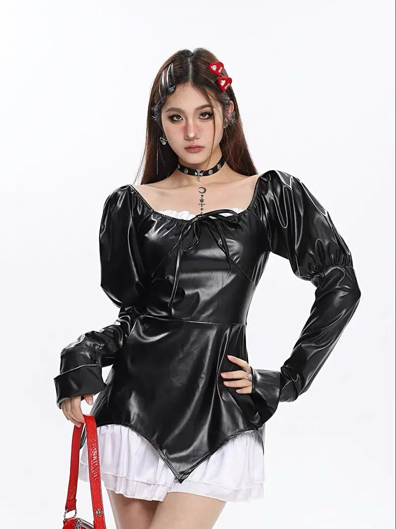 'Spell' Goth Patchwork Pu Leather Puff Sleeves Dress