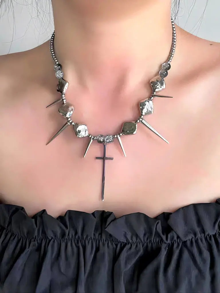 'Spike' Punk Goth Cross Rivet Necklace