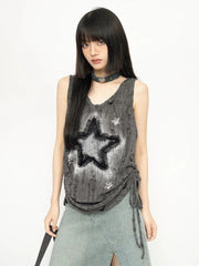 'Star Ash' Unisex Grunge Drawstring Ripped Gray Tank Top