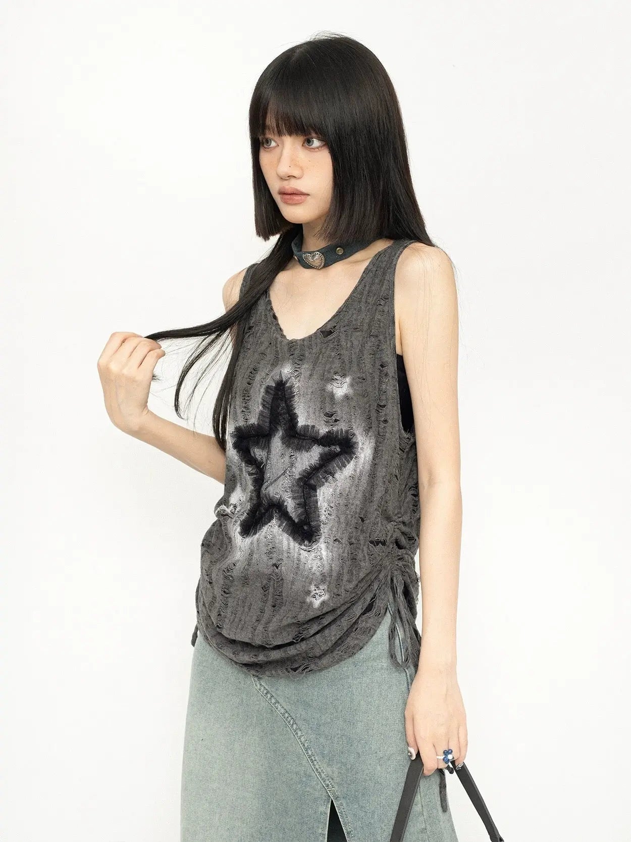 'Star Ash' Unisex Grunge Drawstring Ripped Gray Tank Top