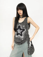 'Star Ash' Unisex Grunge Drawstring Ripped Gray Tank Top