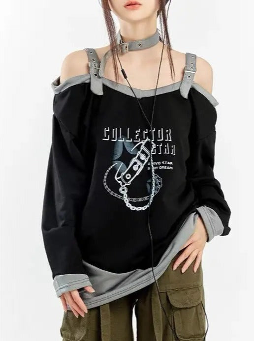 'Star Collector' Punk Buckle Strap Off-Shoulder Top