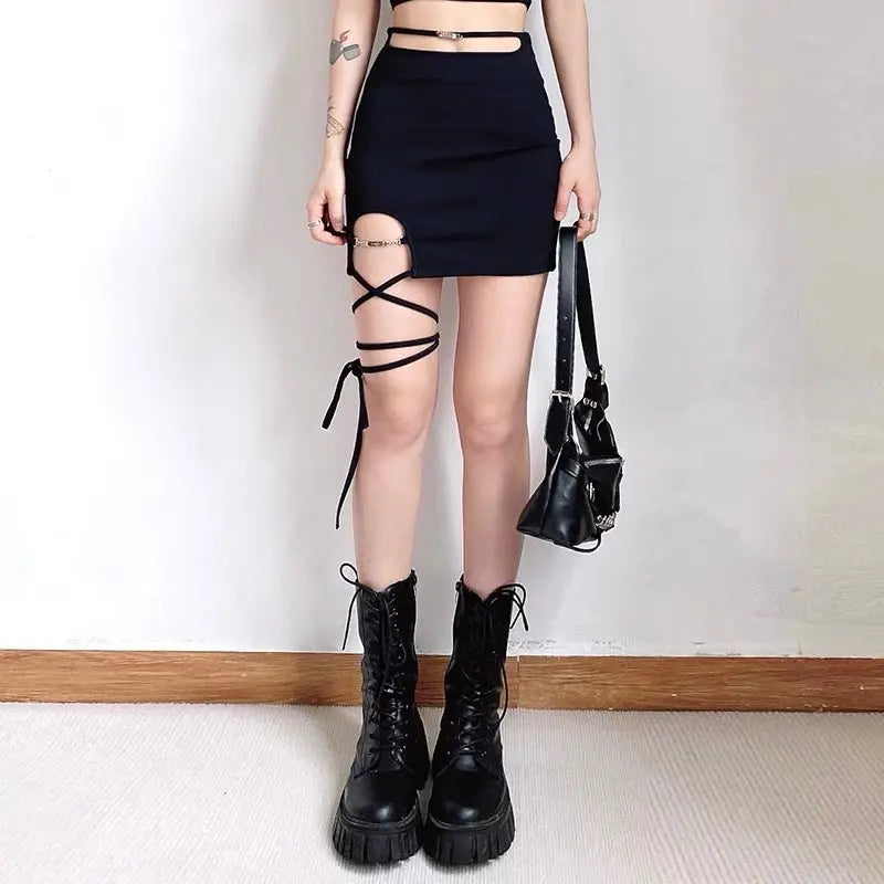 'Statement' Dark Mini Leg Strap Skirt