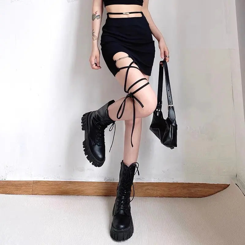 'Statement' Dark Mini Leg Strap Skirt