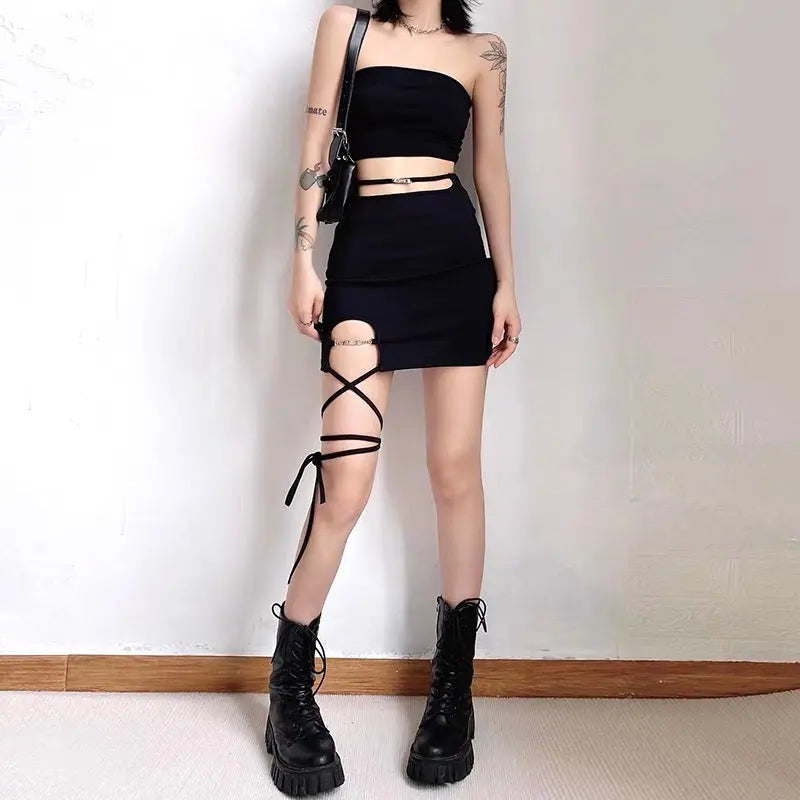 'Statement' Dark Mini Leg Strap Skirt