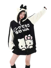 'Sweet Duo' Kawaii Streetstyle Fleeced Oversized Kitty Hoodie