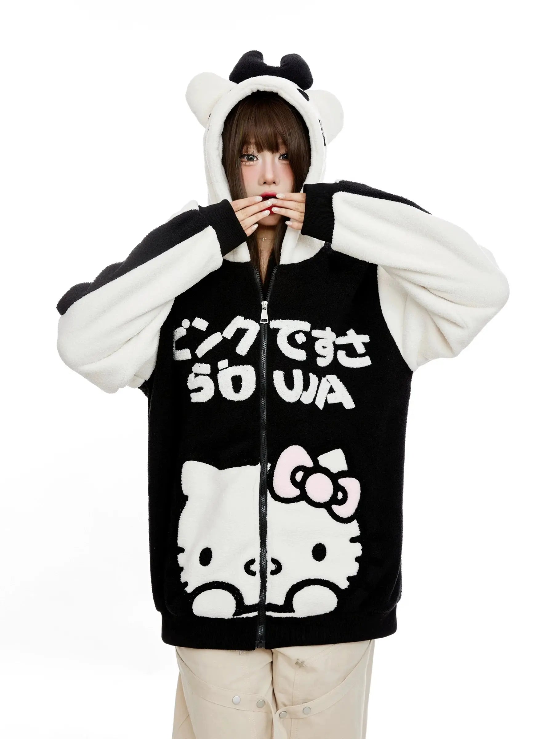 'Sweet Duo' Kawaii Streetstyle Fleeced Oversized Kitty Hoodie