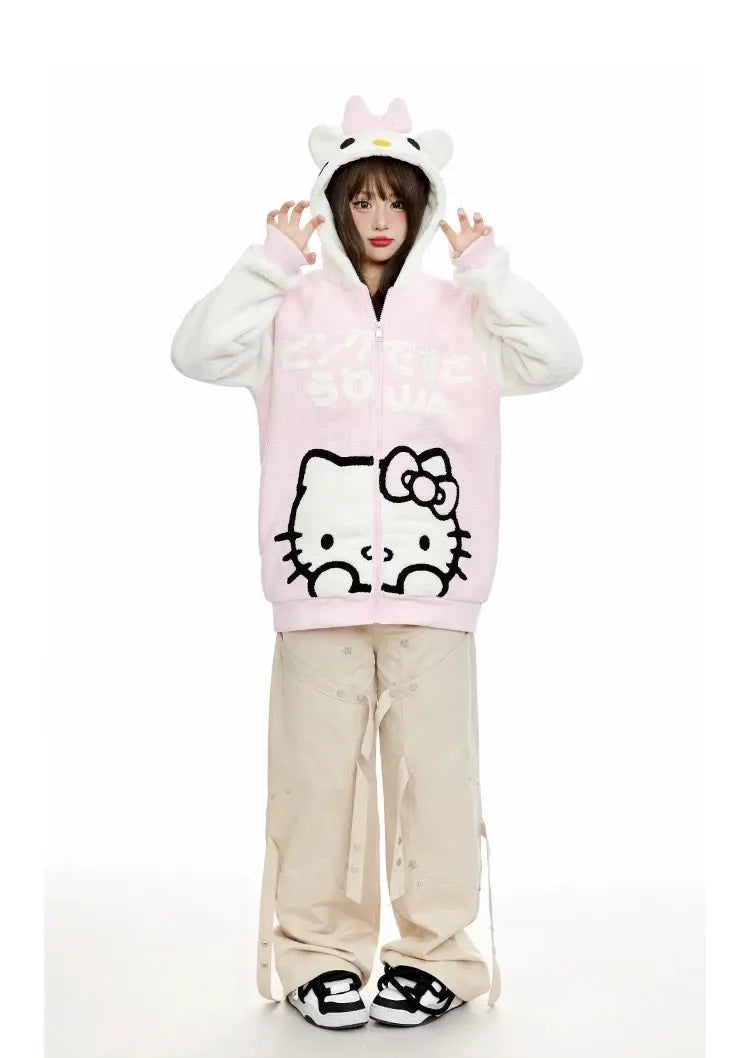 'Sweet Duo' Kawaii Streetstyle Fleeced Oversized Kitty Hoodie