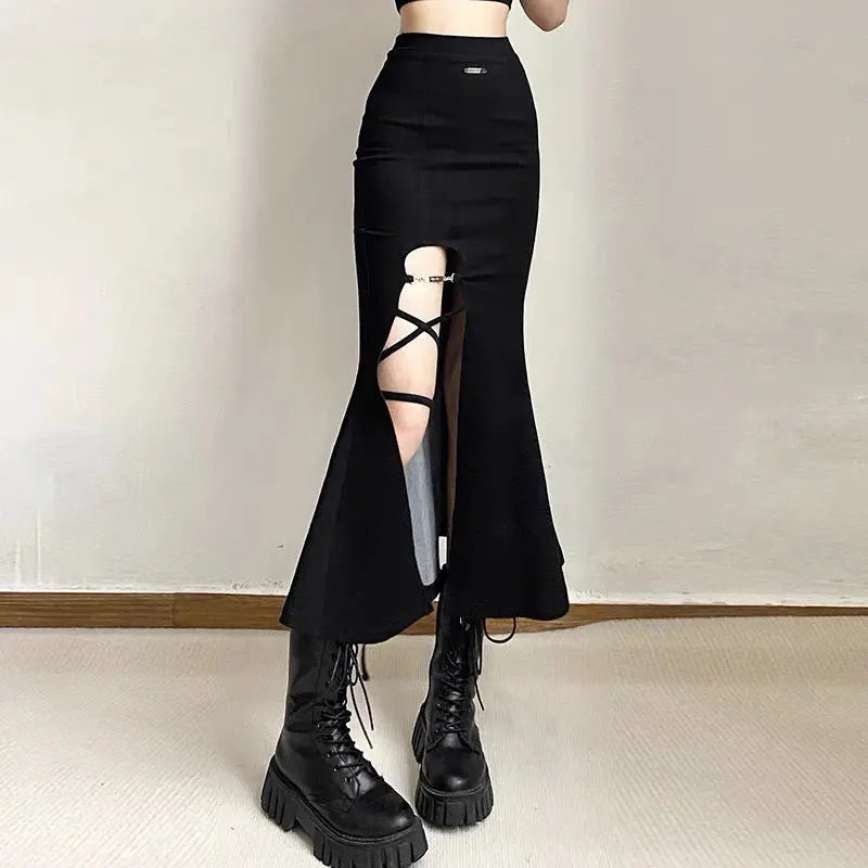 'Tail' Goth Dark Split Midi Skirt