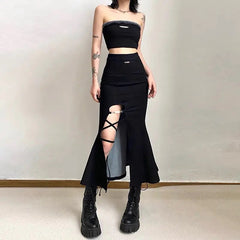 'Tail' Goth Dark Split Midi Skirt