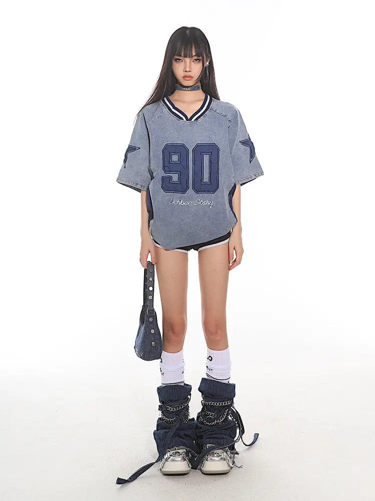 'Top Player' Streetstyle Denim Color Oversized Shirts