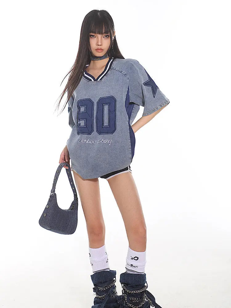 'Top Player' Streetstyle Denim Color Oversized Shirts