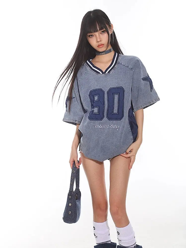 'Top Player' Streetstyle Denim Color Oversized Shirts